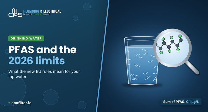 Illustration of PFAS molecules in a glass of drinking water