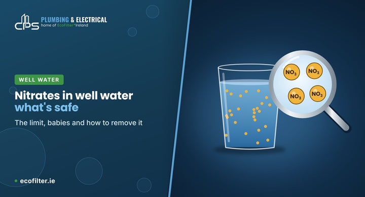 Glass of well water with nitrate particles under a magnifying glass, Nitrates in well water, what’s safe