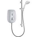 White shower control panel with handheld shower head on a white background