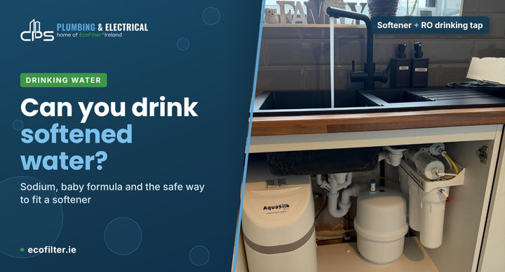 Water softener and reverse osmosis system fitted under a kitchen sink with filtered water running from the tap