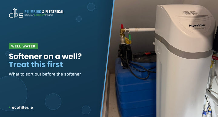 AquaSilk water softener installed beside the pump and storage tank of a private well supply