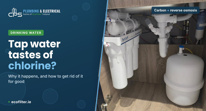 Reverse osmosis drinking water filter fitted under a kitchen sink, with the headline Tap water tastes of chlorine