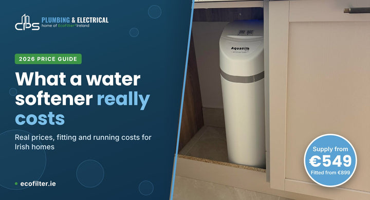 AquaSilk water softener fitted in a kitchen cabinet, with the headline What a water softener really costs in Ireland