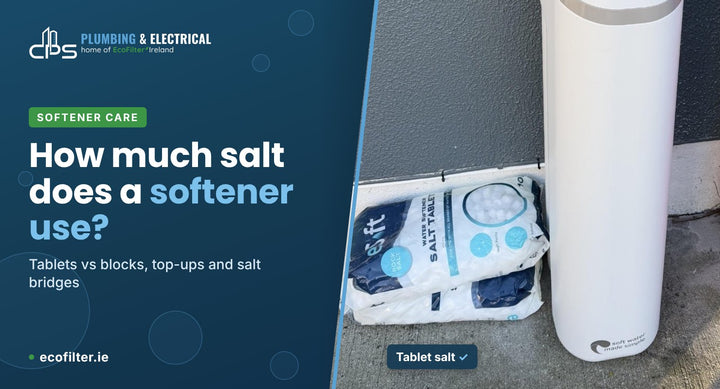 AquaSilk water softener installed outside a house with bags of tablet softener salt beside it
