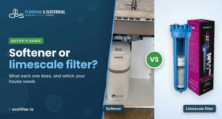 An AquaSilk water softener beside a ScaleArmor Rock limescale filter, comparing the two