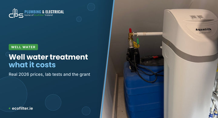 Well pump and water tank beside an AquaSilk water softener fitted on a private well supply in Ireland