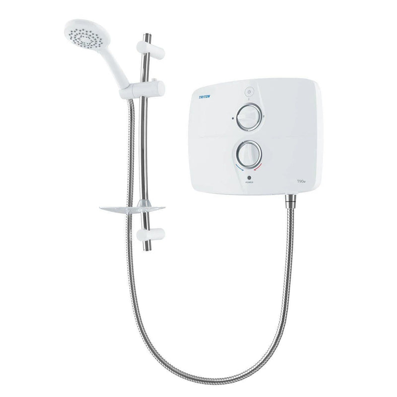 White shower control panel with handheld shower head on a white background