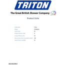 Product fiche for Triton shower with brand logo and technical specifications on a white background