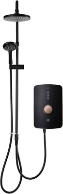 Black shower head and control panel set on a white background