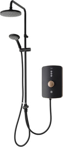 Black shower system with handheld showerhead and control panel on a white background