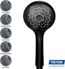 Black shower head with spray options and Triton branding on a white background