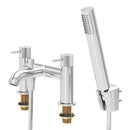 Chrome bathtub faucet with handheld shower head on a white background