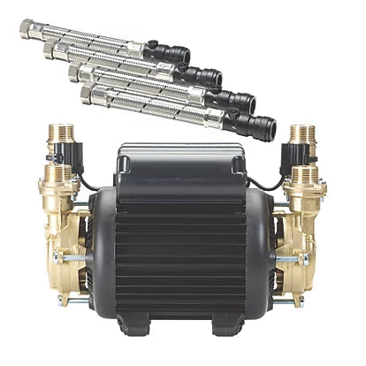 Black and brass pump with multiple pipes on a white background