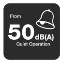Icon indicating quiet operation with a bell symbol and text '50 dB(A) Quiet Operation' on a black background.