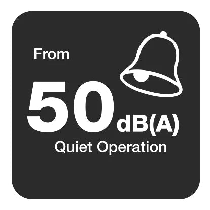 Icon indicating quiet operation with a bell symbol and text '50 dB(A) Quiet Operation' on a black background.