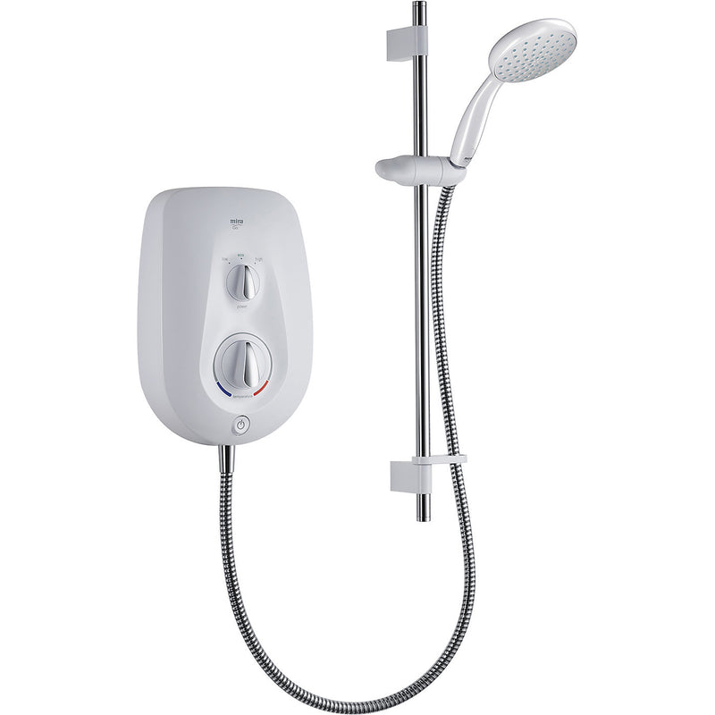 White shower control panel with handheld shower head on a white background