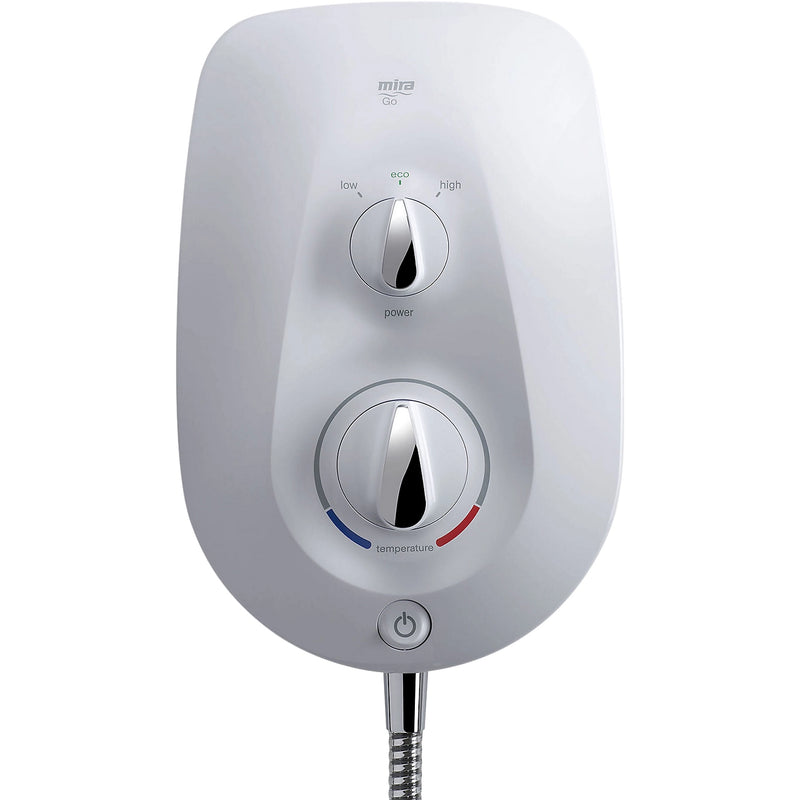 White shower head with temperature control knobs on a white background