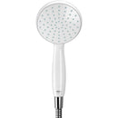 White shower head with visible brand logo on a white background