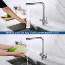 KAIBOR 3 Way Kitchen Tap Stainless Steel with Water Filter Way Drinking Water Kitchen Sink Tap 360°Swivel Spout 2 Lever Kitchen Mixer Stainless Steel