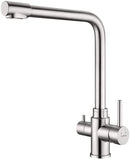 KAIBOR 3 Way Kitchen Tap Stainless Steel with Water Filter Way Drinking Water Kitchen Sink Tap 360°Swivel Spout 2 Lever Kitchen Mixer Stainless Steel